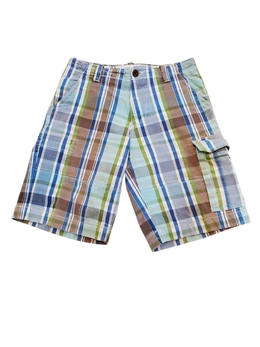 BODEN Plaid Cargo Shorts Striped Mens 100% Cotton  Blue Green Brown Ivory SZ 32